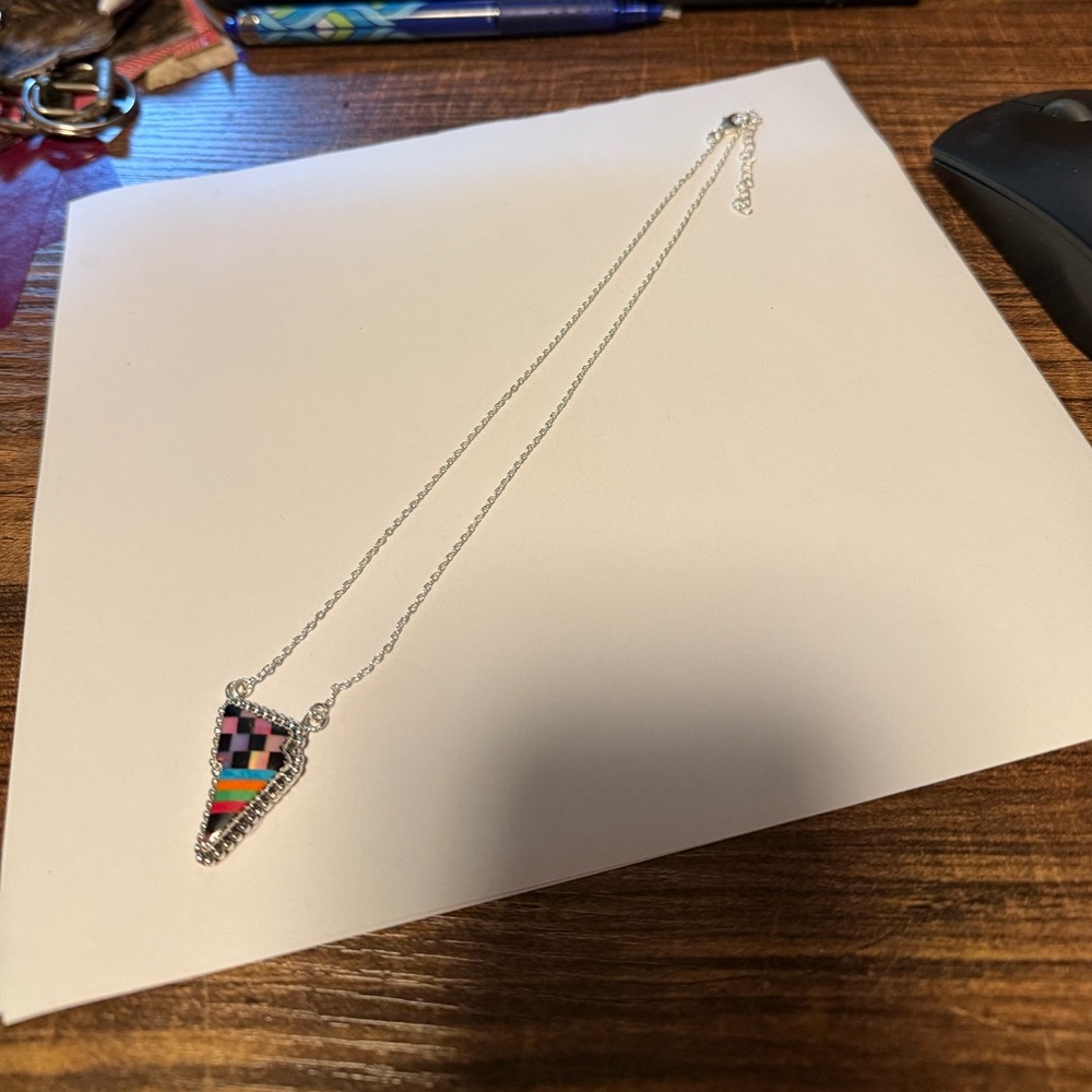 Genuine 925 Sterling Colorful Opal (Lab)  Geometric Pendant Necklace
